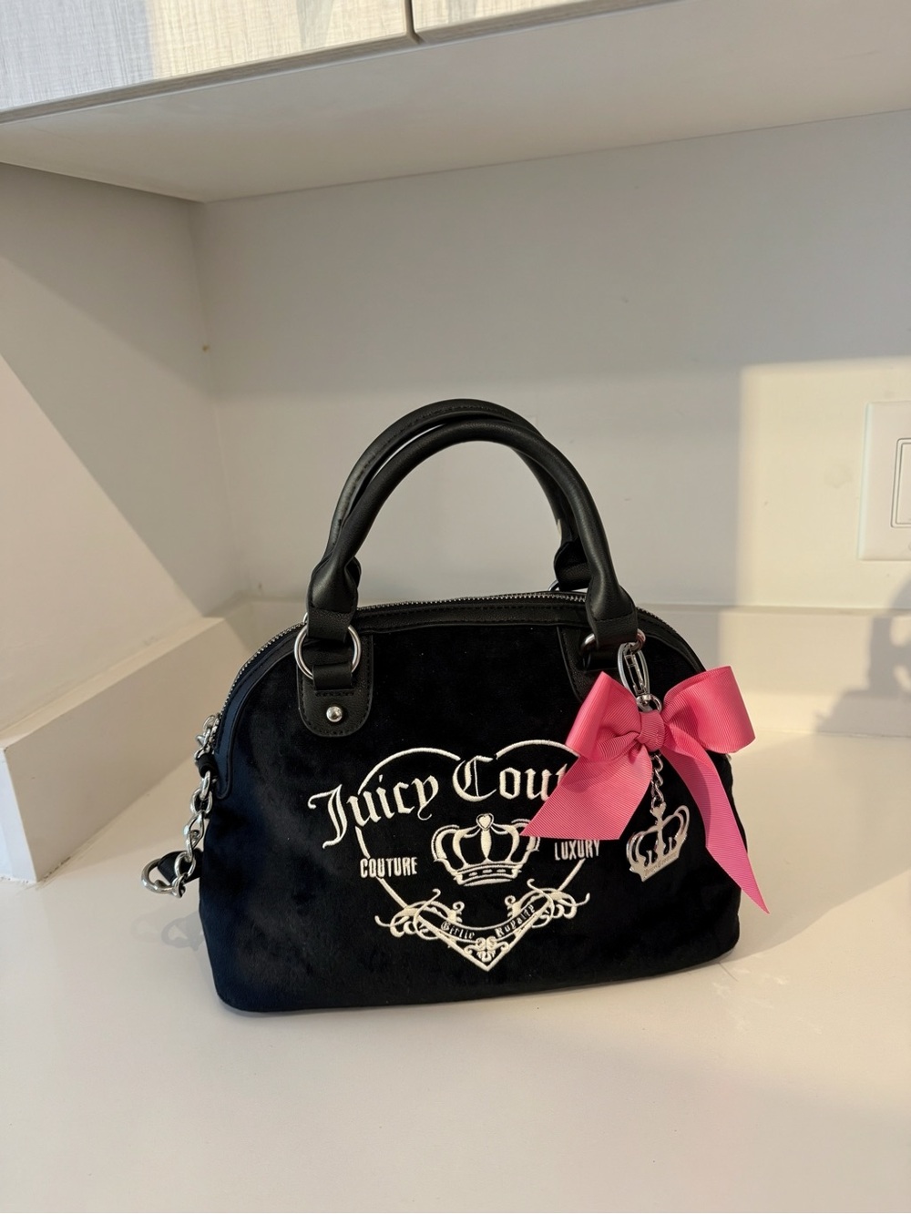 Juicy Couture Black Velour Satchel with Pink Bow
